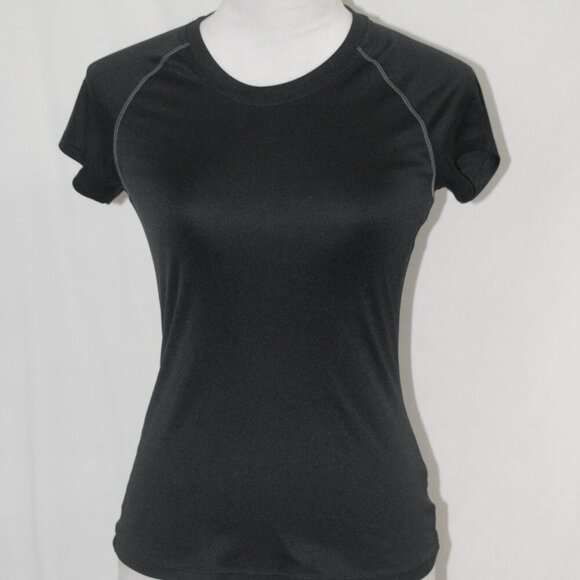 XS Black Exercise Athletic Shirt Polyester Shiny Workout Top AUC - Picture 1 of 3